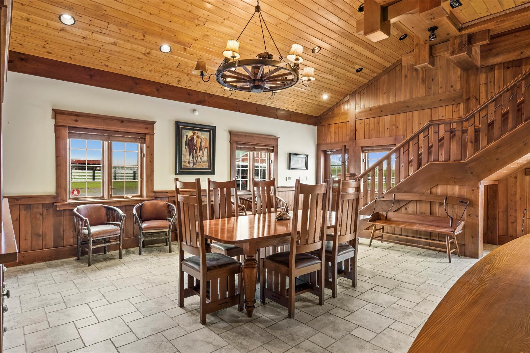 Boardroom and cedar staircase leading to the upper lounge