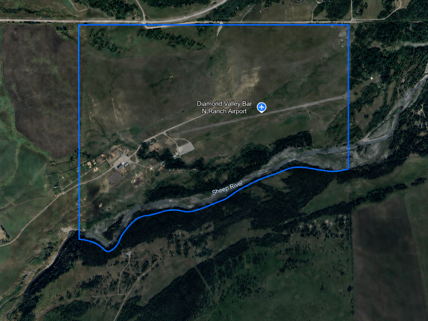 Aerial site plan of Legacy Sky Ranch — NE, NW, SE and SW quarters of Sec 33-34, T19 R3 W5M with Sheep River frontage, Lineham Creek, Highway 546 and Range Road 33